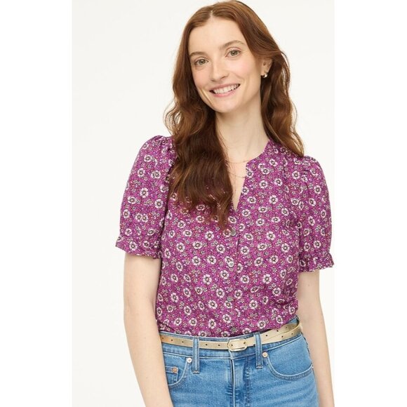 J Crew Factory Floral Print Puff-sleeve Blouse in Purple Sweet Size S - Picture 1 of 11